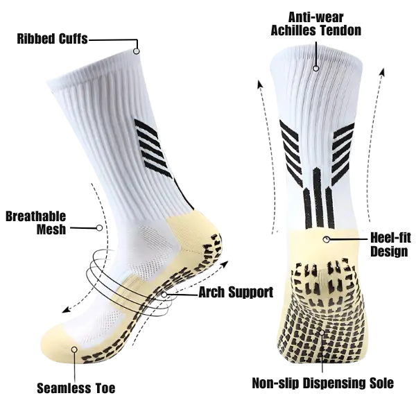 UltraGrip Socks Features - Ribbed Cuffs, Breathable Mesh, Seamless Toe, Arch Support, Non-slip Dispensing Sole, Heel-fit Design, and Anti-wear Achilles Tendon Protection.