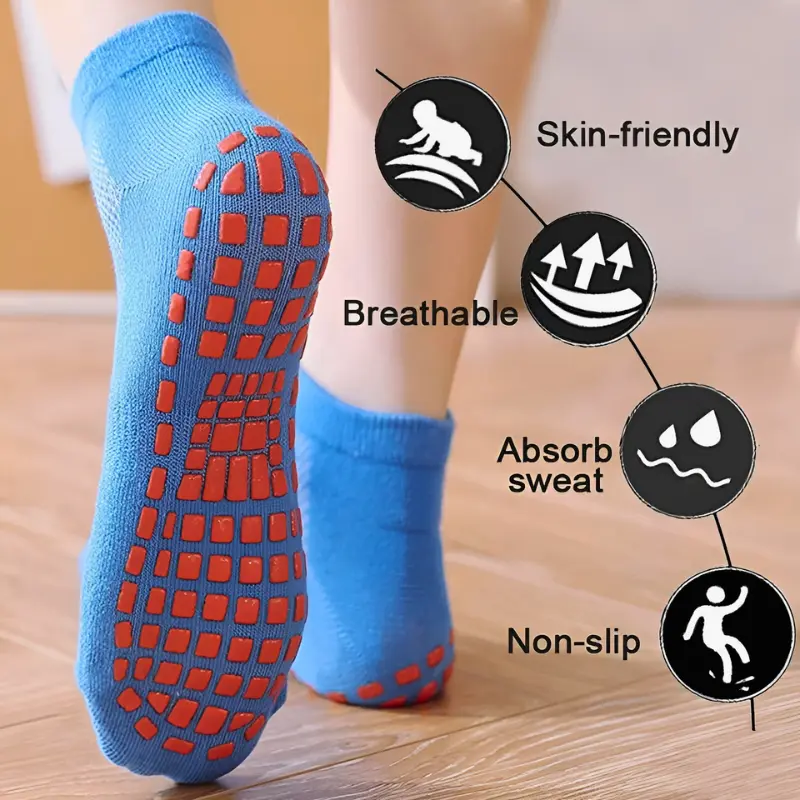 Blue non-slip socks showing benefits: skin-friendly, breathable, absorb sweat, non-slip.