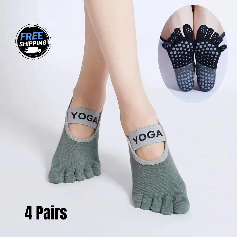 4-Pack Five-Toe Non-Slip Yoga Socks for Women | Anti-Slip Grip | Cross-Strap Design | Free Shipping