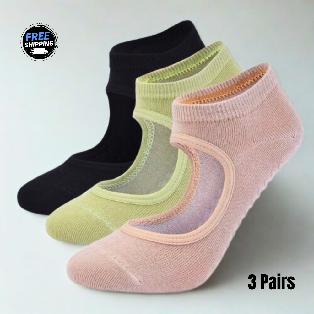 Women’s Ballet-Cut Grip Yoga Socks – Non-Slip, Low-Cut Breathable Cotton for Pilates, Barre & Dance –  3 Pair Bundle