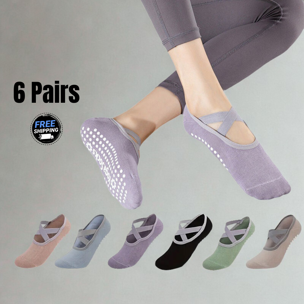 6 Pairs Women’s Ballet Grip Socks – Non-Slip Cotton Socks with Cross Straps for Yoga, Pilates & Barre – Stylish & Breathable
