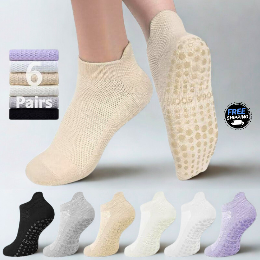 6 Pairs Women’s Low-Cut Grip Yoga Socks – Non-Slip, Breathable Cotton for Pilates, Barre & At-Home Fitness – Free Shipping