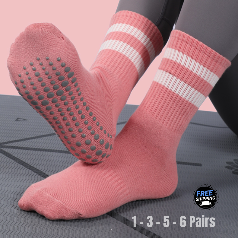 Women’s Mid-Calf Grip Yoga Socks – Non-Slip, Breathable Cotton for Pilates, Barre & Fitness – 1, 3, 5 or 6 Pair Bundles