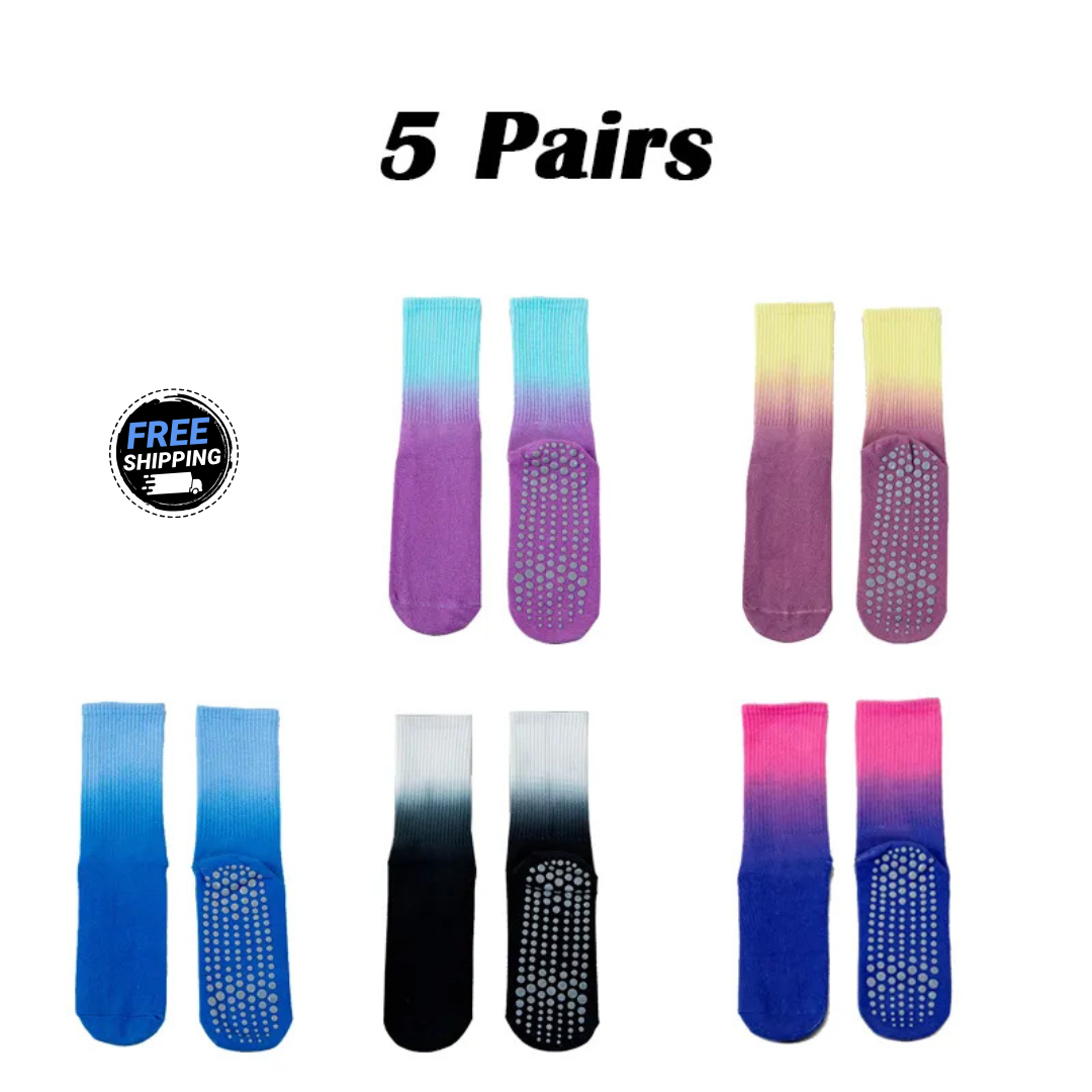 5 Pairs Women’s Gradient Grip Yoga Socks – Anti-Slip Cotton Socks for Pilates, Barre & Dance – Vibrant Style + Full Stability