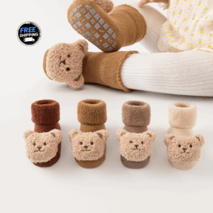Thick Plush Baby Floor Socks with 3D Bear – Non-Slip & Cozy for Indoors