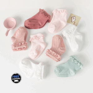 Non-Slip Baby Girl Socks – Soft Pink with Ruffle Cuff | Silicone Sole Grip | Ages 0–3