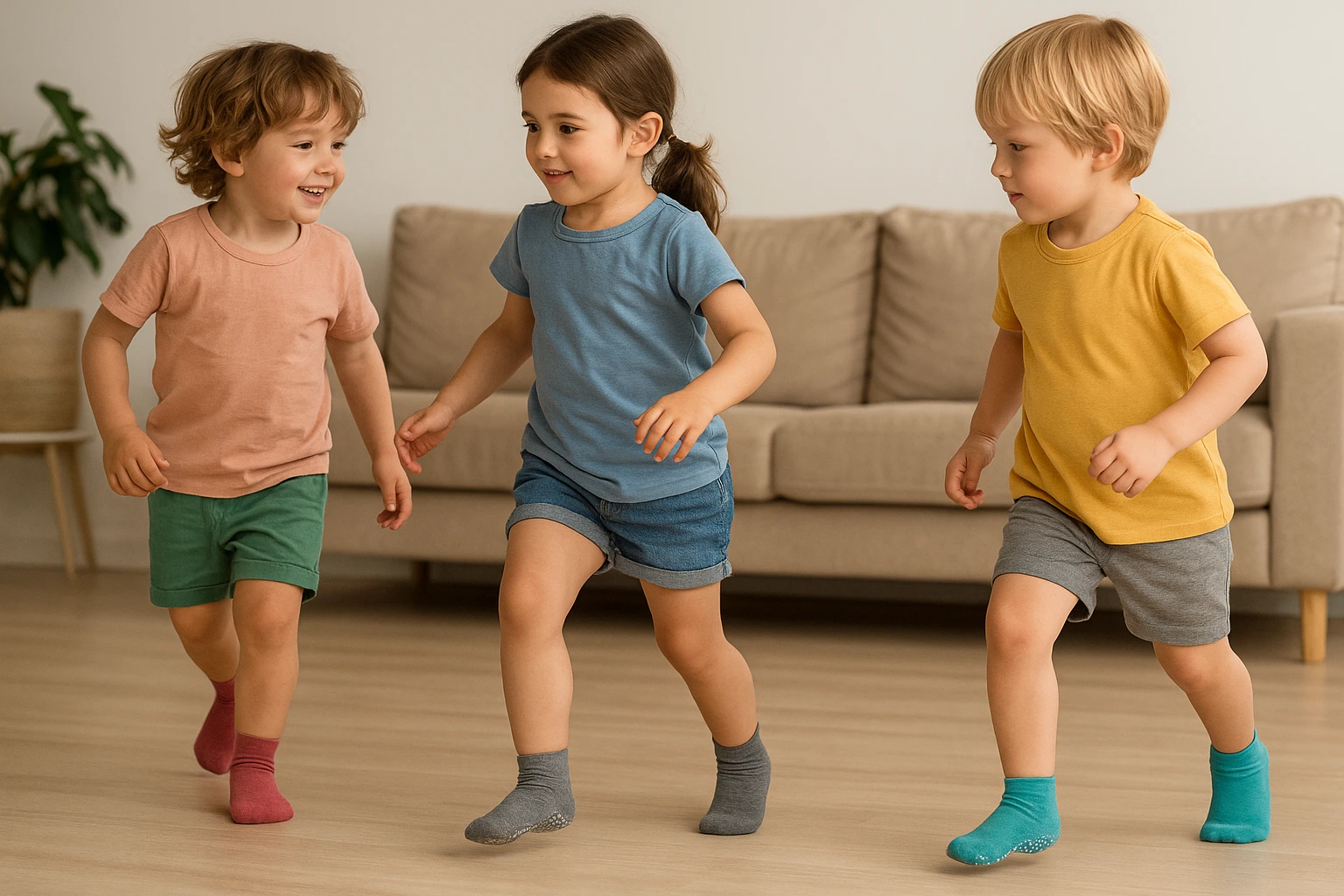 Active kids wearing non-slip socks playing safely indoors.