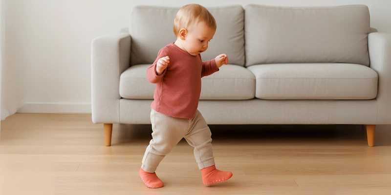 oddler wearing non-slip socks taking first steps at home. Non-Slip Socks for Toddlers Learning to Walk – Safe First Steps